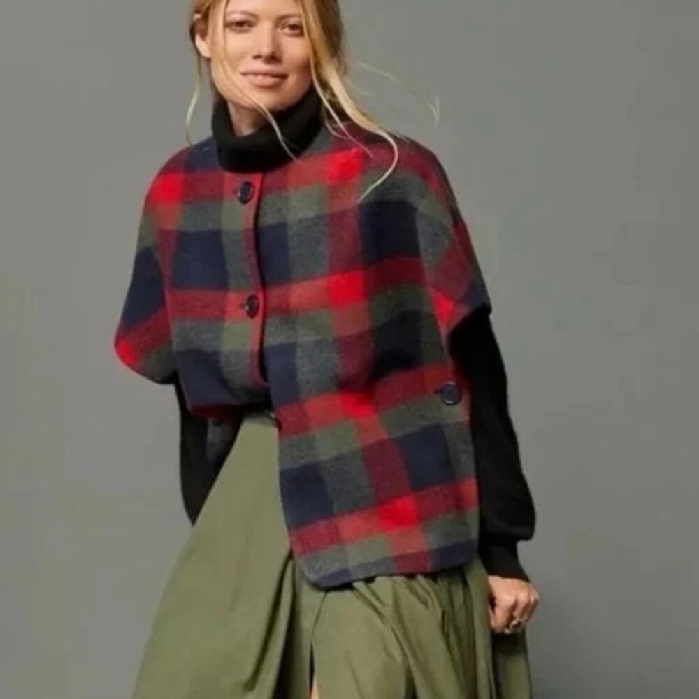 Anthropologie Maeve Poncho Cape Large Plaid Women Red One Size Button Front